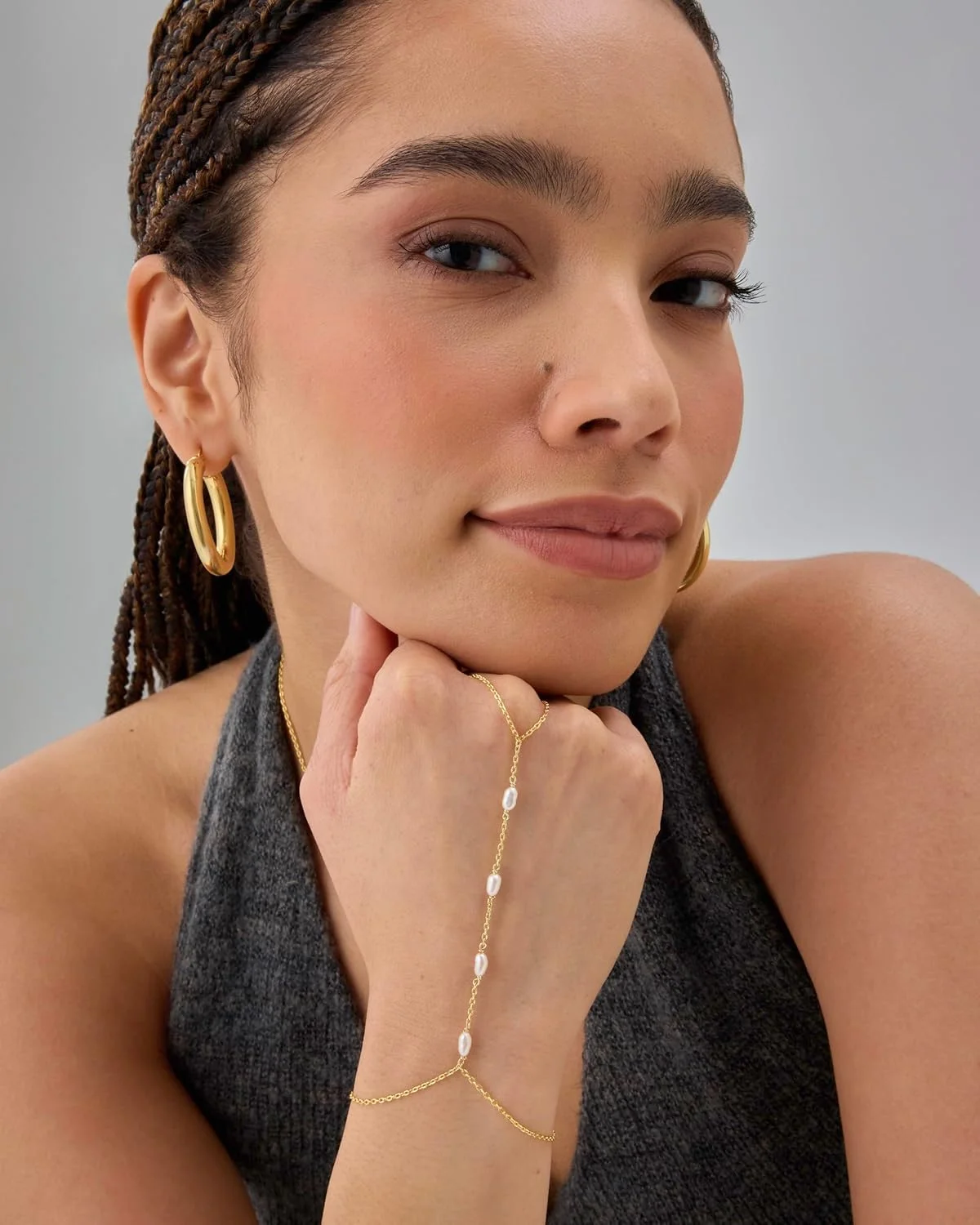 دستبند زنجیری طلایی با روکش طلای 14 عیار و مروارید آب شیرین پاوی برای زنان - جواهرات بدن زنجیری حلقه ای مد روز