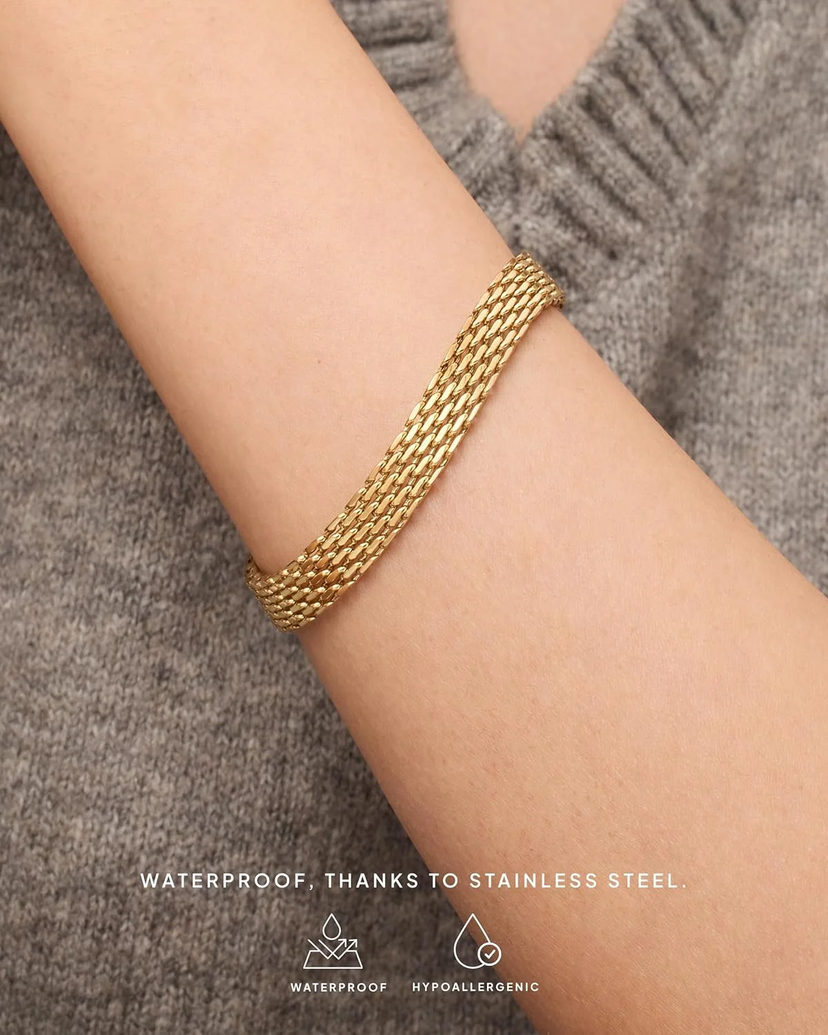 دستبند زنجیری ضخیم با روکش طلای 14 عیار پاوی برای زنان | دستبند زنجیری سبک وزن و مد روز از جنس استیل ضد زنگ با قابلیت تنظیم