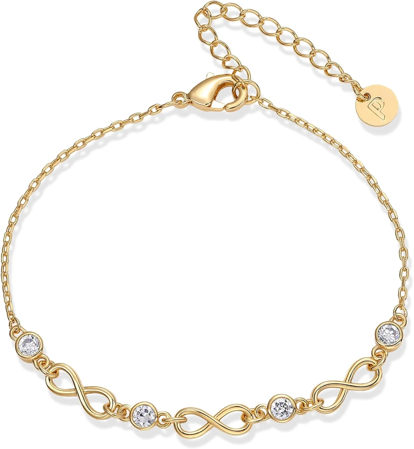 دستبند زنجیری بی نهایت با روکش طلای 14 عیار و نگین های اتمی زنانه | دستبند دوستی قابل تنظیم با زیرکونیا