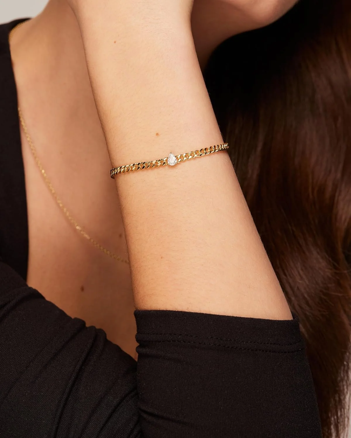 دستبند تک نگین زیرکونیا مکعبی با روکش طلای 14 عیار پاویو | جواهرات دستبند زنجیری زنانه