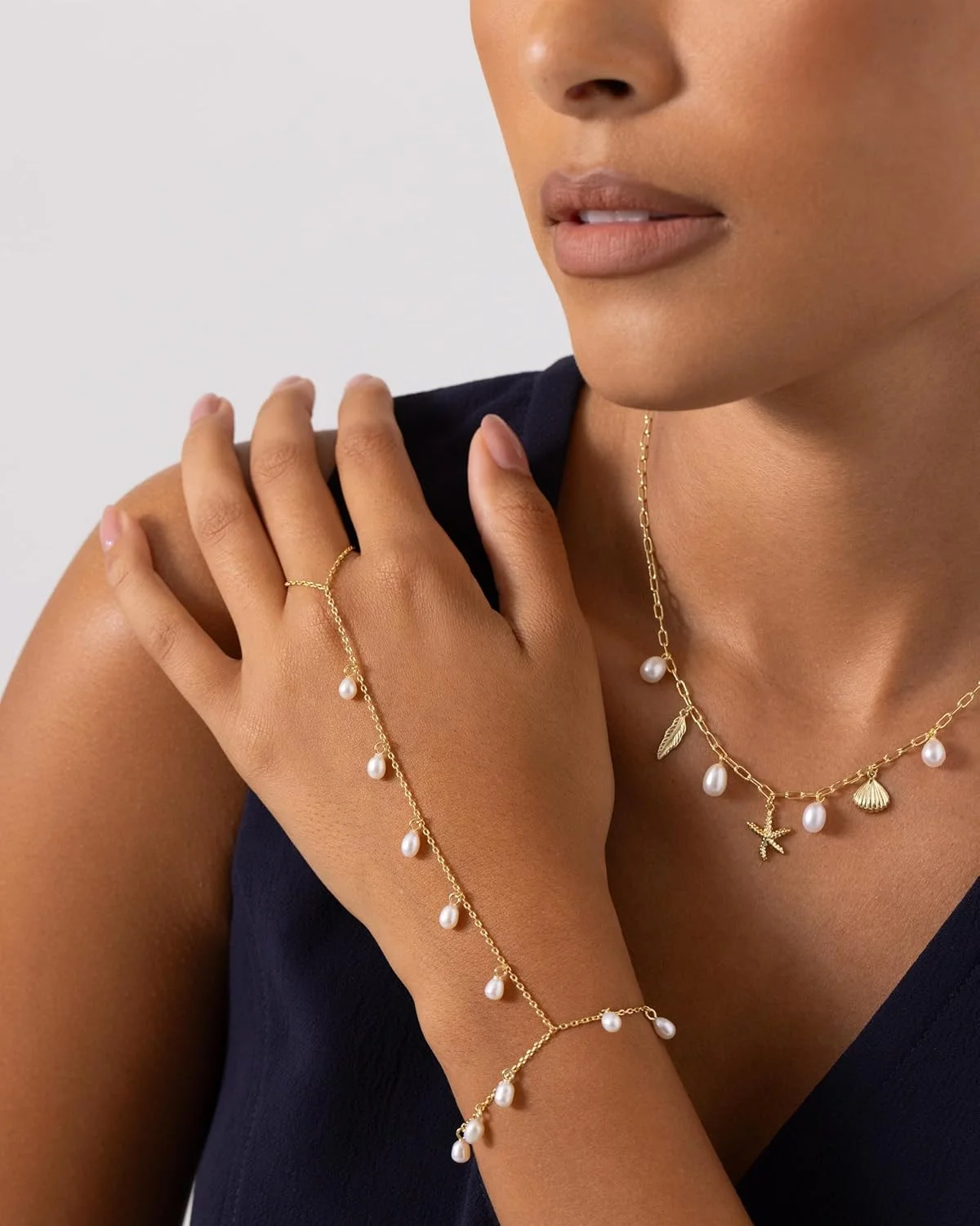 دستبند زنجیری مرواریدی با روکش طلای 14 عیار پاویو، مناسب خانم ها، سبک تابستانی قابل تنظیم