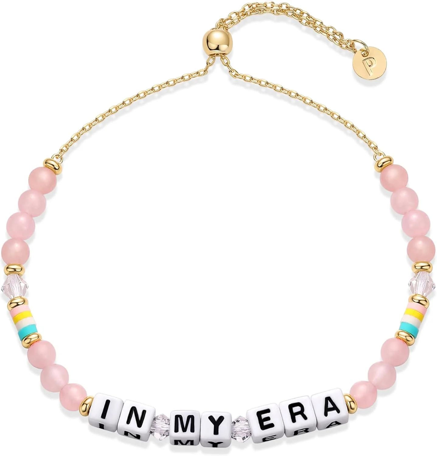 دستبندهای مهره‌ای سنگ‌های قیمتی چشم نظر مانترا رنگی روکش طلای 14 عیار PAVOI برای زنان | دستبندهای مهره‌ای دوستی قابل تنظیم با کلمات | دستبند تاییدی "در دوران من"