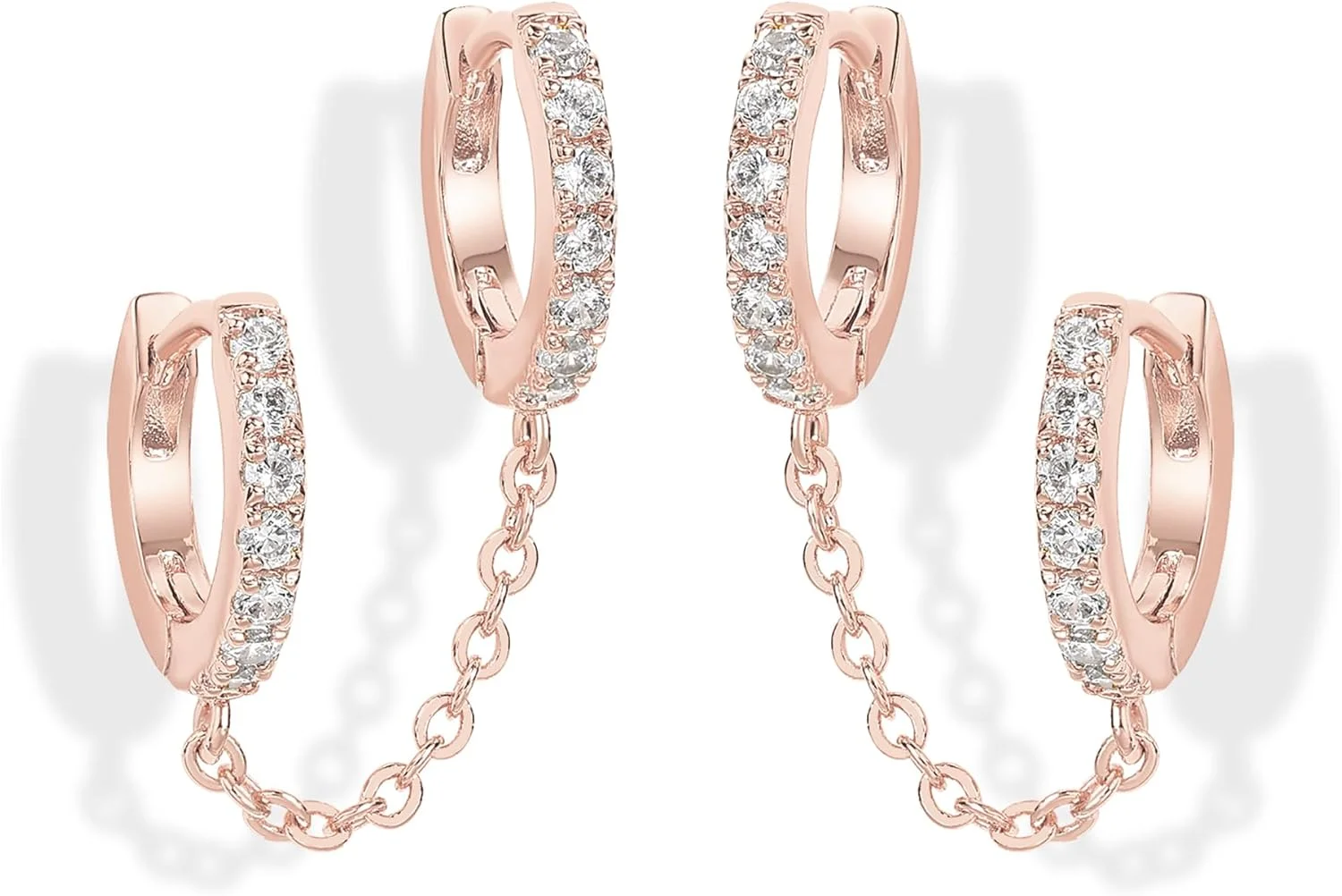 گوشواره زنجیری طلای 14 عیار پاوی برای زنان | گوشواره حلقه ای آویز زنجیری با سوراخ دوبل | گوشواره های میخی مرواریدی زیرکونیا مکعبی برای زنان