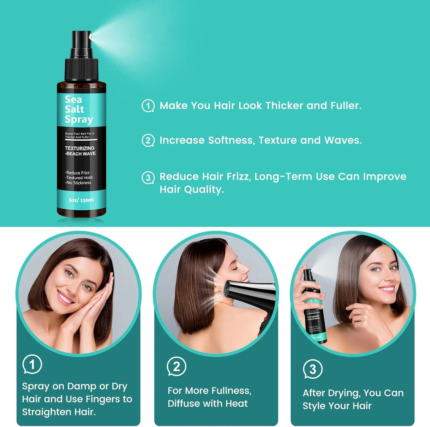 اسپری مو نمک دریا آزونی، اسپری بافت دهنده و حجم دهنده برای آقایان و بانوان، ایده آل برای موج های ساحلی، فرها و حالت دهی آسان (150 میلی لیتر / 5 اونس مایع)