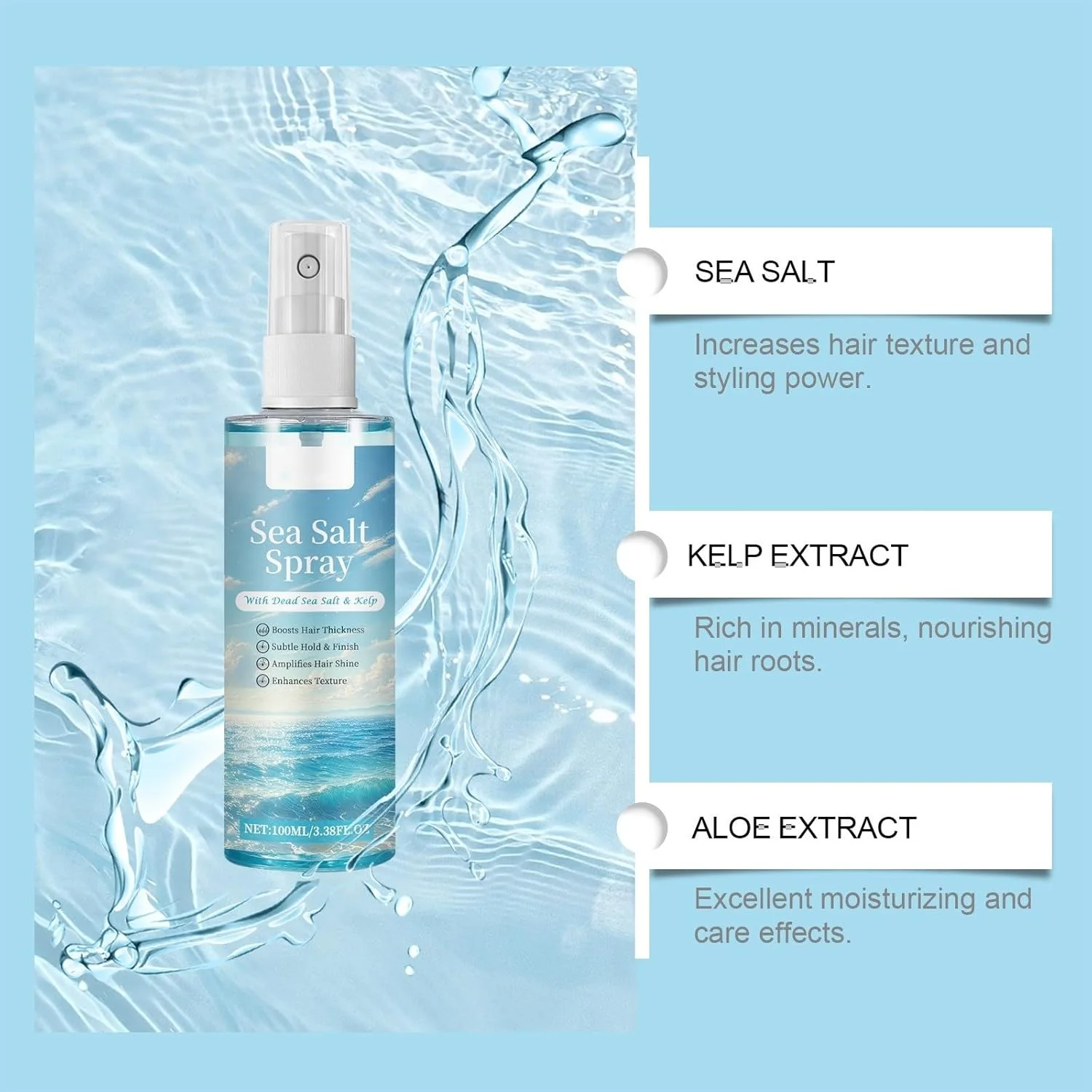 اسپری نمک دریا برای مو، افزایش دهنده بافت و حجم برای آقایان و بانوان، اسپری موج طبیعی ساحلی برای انواع مو