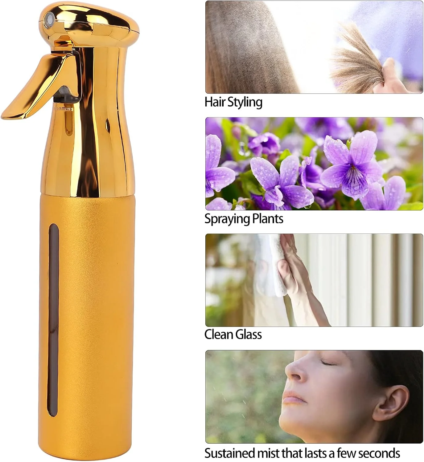 بطری اسپری خالی، بطری اسپری مو 300 میلی لیتری، بطری اسپری مه پاش ریز، بطری اسپری آب پیوسته برای حالت دادن به مو، تمیز کردن، گیاهان، مه پاشی (طلایی)