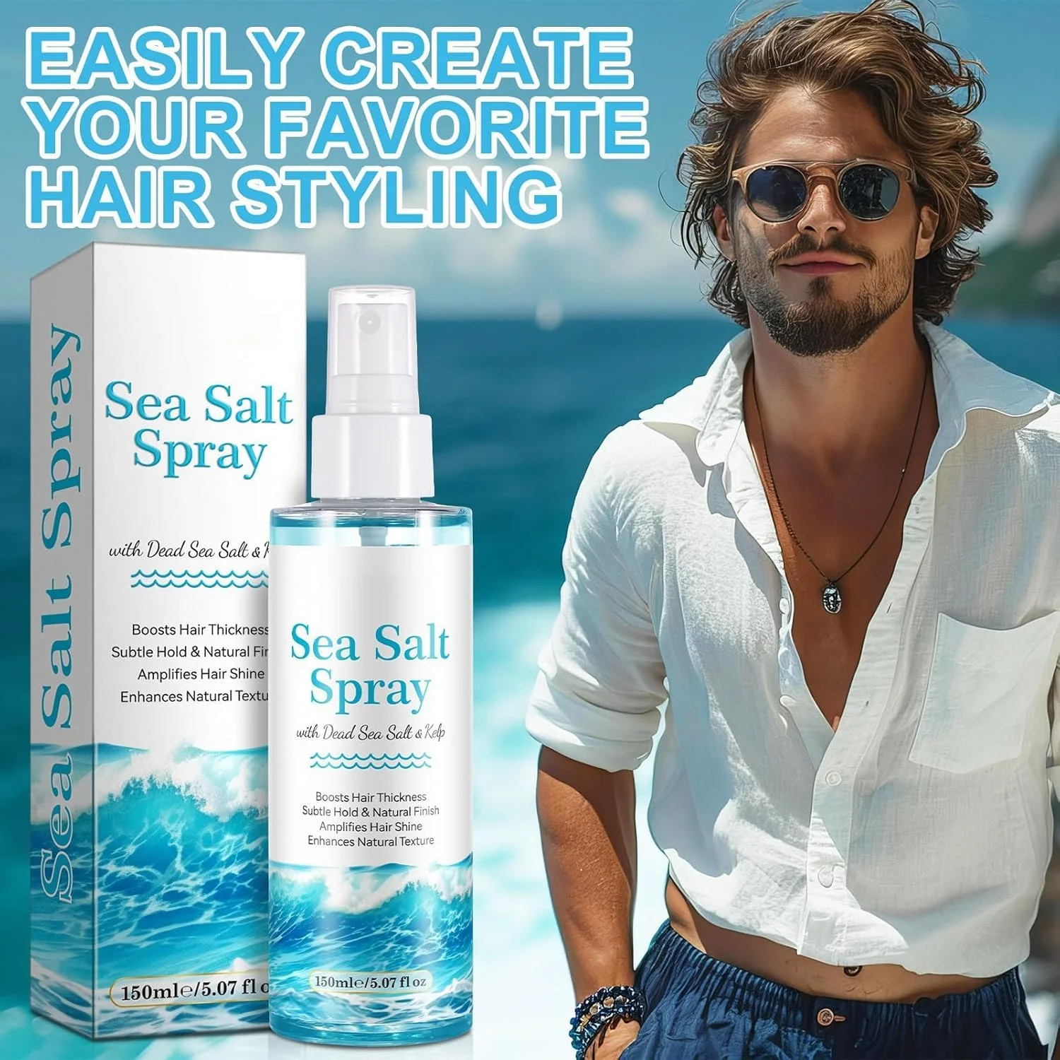 اسپری نمک دریایی برای آقایان، اسپری حالت دهنده مو برای ایجاد موج های طبیعی و بافت ساحلی، مناسب برای انواع مو - 150 میلی لیتر