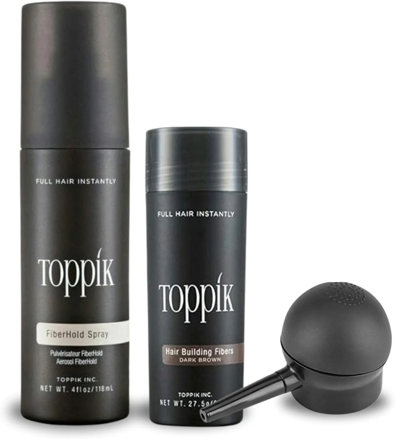 الیاف پرپشت کننده مو تاپیک قهوه ای تیره 27.5 گرم به همراه اسپری نگهدارنده 118 میلی لیتر و اپلیکاتور اسپری 3 تکه