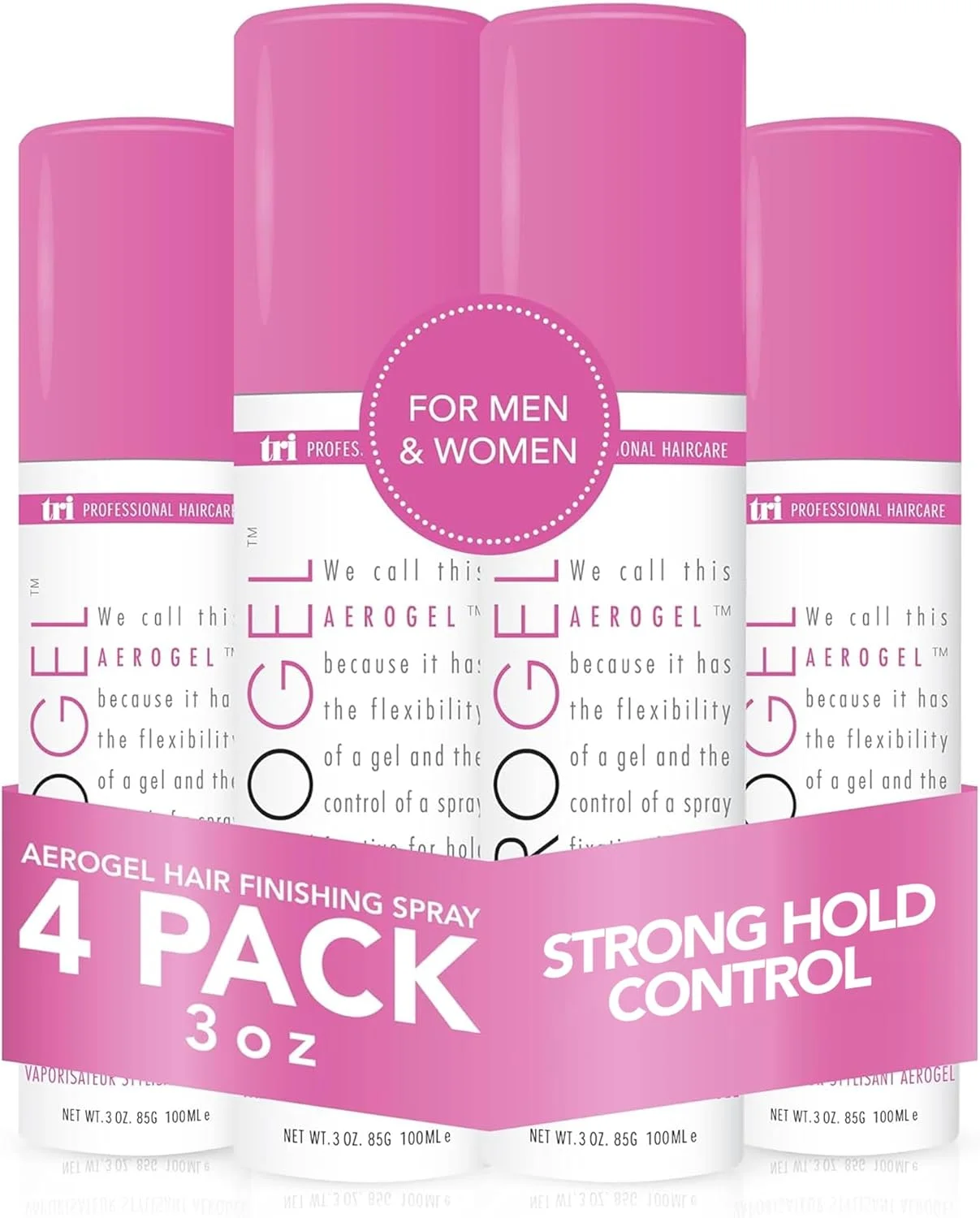 اسپری مو ایروژل TRI Design - حالت دهنده قوی، اسپری موی شفاف و بدون ایجاد سنگینی برای خانم ها و آقایان، مناسب مسافرت، تثبیت کننده حجم و ضروریات اسپری موی غیر چسبنده، بطری نازل اسپری انعطاف پذیر - (85 گرم، بسته 4 عددی)