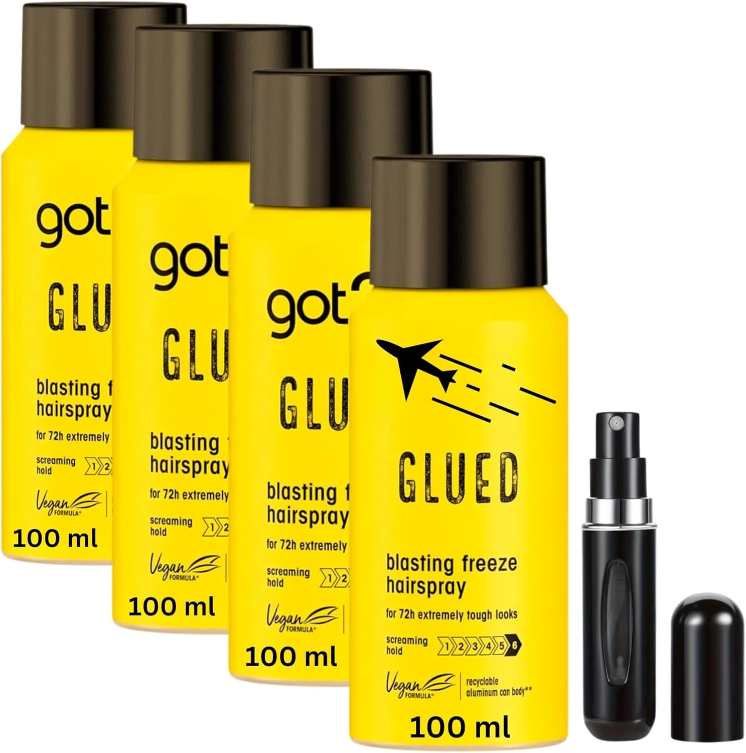 اسپری مو مسافرتی Wishesla، بسته اسپری مو با قدرت نگهدارندگی قوی شامل 4 عدد اسپری مو got2b Glued، هر کدام 100 میلی لیتر، تثبیت کننده تا 72 ساعت، وگان، بدون سیلیکون و دارای عطر جیبی قابل پر کردن