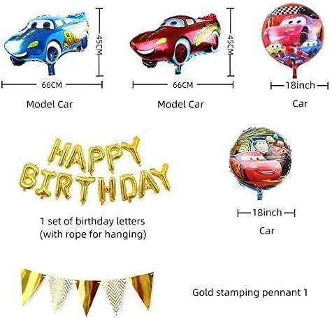 تزئینات جشن تولد مک‌کوئین BrainGiggles برای کودکان - کیت کامل 46 تکه لوازم تزئینی جشن با بنر و بادکنک - تزئینات تولدت مبارک با تم ماشین برای پسران و دختران