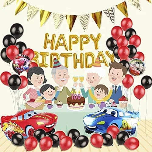 تزئینات جشن تولد مک‌کوئین برای کودکان - کیت کامل تزئینات جشن 46 تکه با بنر و بادکنک – تزئینات تولدت مبارک با تم ماشین برای پسران و دختران
