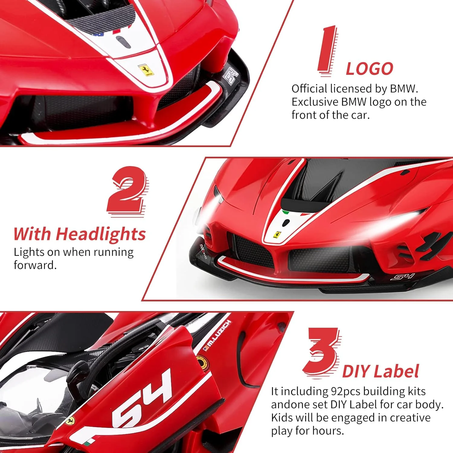 کیت های ساخت ماشین کنترلی فراری ZMZ DIKAYI مقیاس 1/18، کیت های مدل ماشین فراری FXX EVO 2.4G GHz، ایده های هدیه ساختنی برای ماشین کنترلی برای پسران و دختران و بزرگسالان (کیت ساخت 92 قطعه)