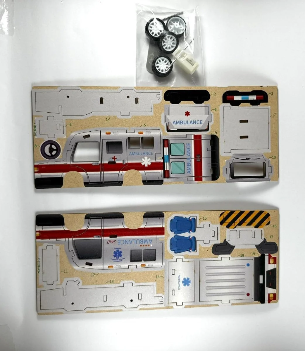 پازل آمبولانس چوبی سه بعدی KLOSKS - مدل مینیاتوری خودروی خودمونتاژ با عملکرد عقب کش | اسباب بازی ساختنی و بازی 19 تکه برای کودکان و بزرگسالان | یادگیری STEM، چوب سازگار با محیط زیست | بدون نیاز به ابزار | 6 سال به بالا