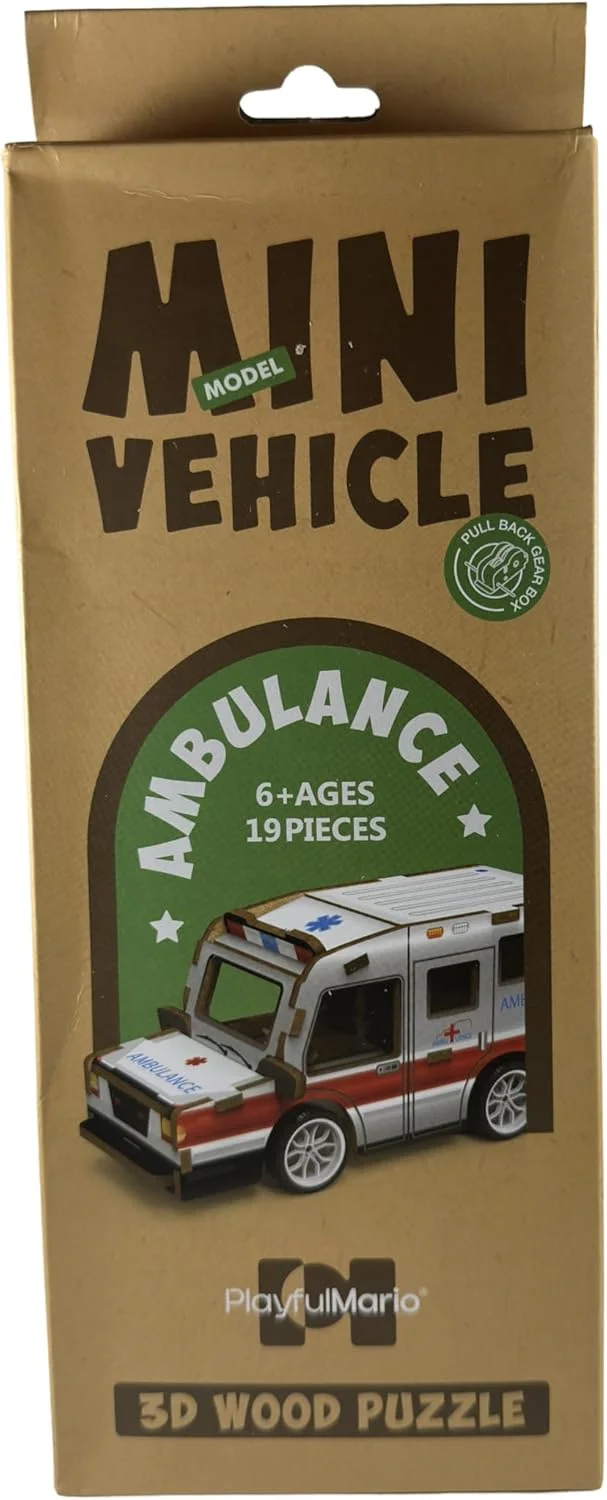 پازل آمبولانس چوبی سه بعدی KLOSKS - مدل مینیاتوری خودروی خودمونتاژ با عملکرد عقب کش | اسباب بازی ساختنی و بازی 19 تکه برای کودکان و بزرگسالان | یادگیری STEM، چوب سازگار با محیط زیست | بدون نیاز به ابزار | 6 سال به بالا