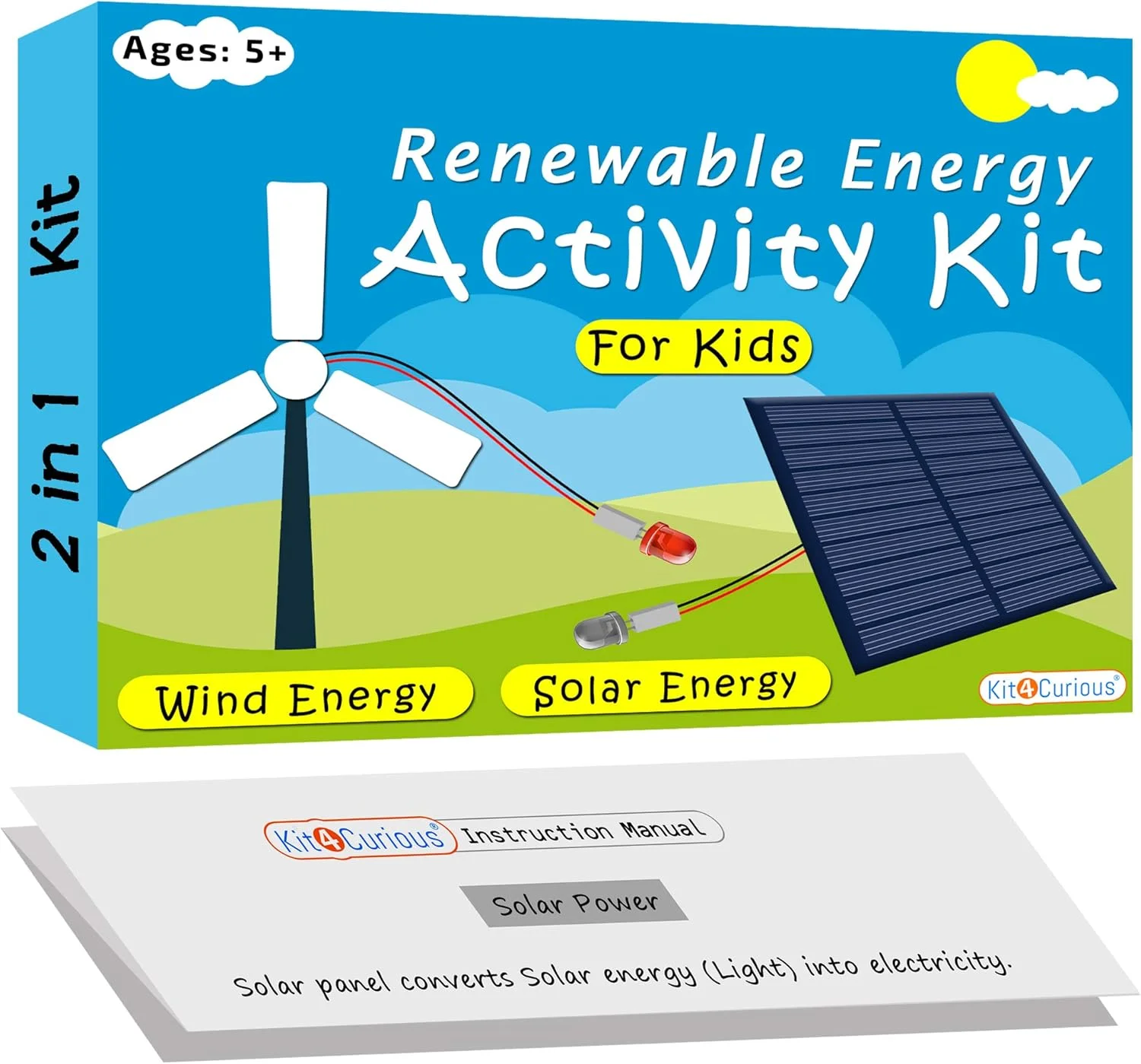 کیت انرژی خورشیدی و بادی Kit4Curious® - کیت فعالیت انرژی تجدیدپذیر - تبدیل انرژی خورشیدی، کیت ساخت آسیاب بادی - کیت آموزشی سرگرمی DIY برای کودکان پسر و دختر 5 سال به بالا