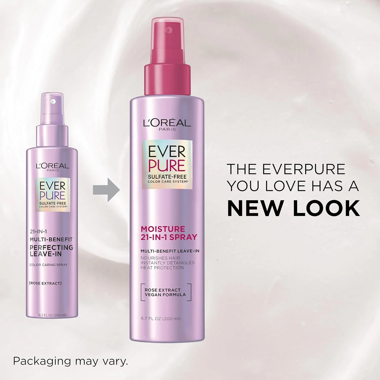 اسپری مراقبت از رنگ مو لورآل پاریس EverPure 21-in-1، بدون سولفات، درمان چند منظوره، اسپری باز کننده گره مو، آبرسان، موهای ابریشمی، فیلتر UV، وگان، بدون پارابن، بدون رنگ، بدون گلوتن، 200 میلی لیتر