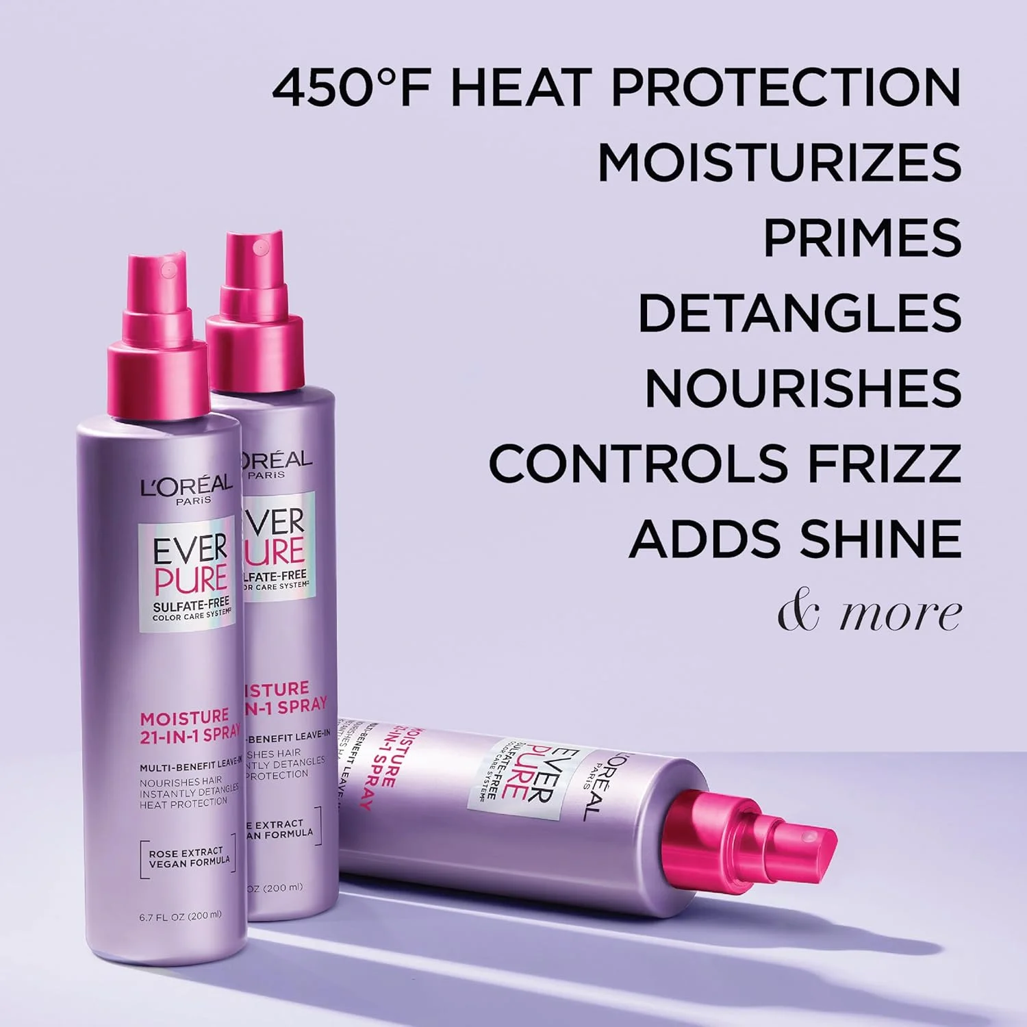 اسپری مراقبت از رنگ مو لورآل پاریس EverPure 21-in-1، بدون سولفات، درمان چند منظوره، اسپری باز کننده گره مو، آبرسان، موهای ابریشمی، فیلتر UV، وگان، بدون پارابن، بدون رنگ، بدون گلوتن، 200 میلی لیتر