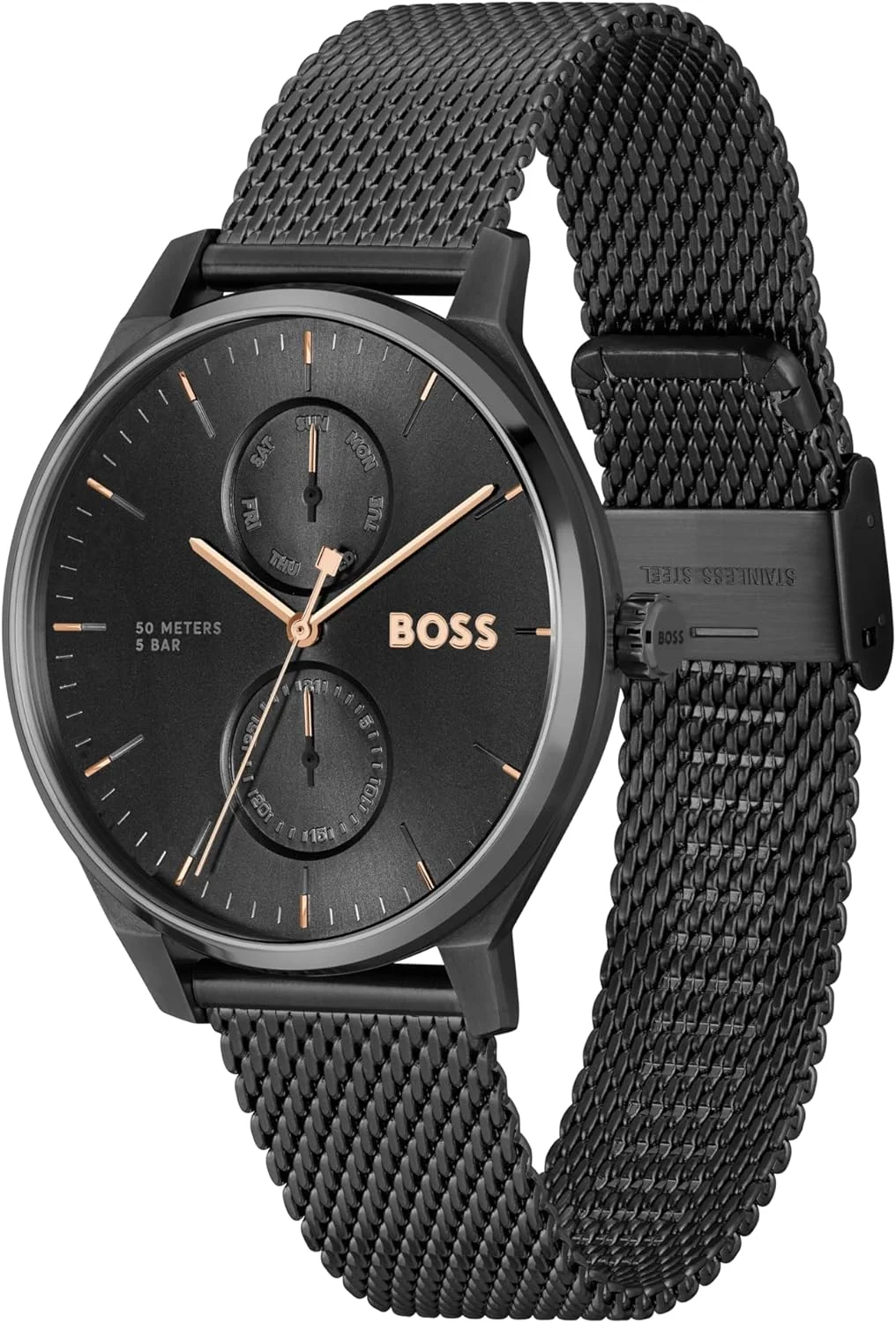 ساعت مردانه BOSS مدل Tyler با بدنه استیل ضد زنگ مشکی روکش شده و بند حصیری، مینیمالیسم مدرن، ساعت چند منظوره (مدل 1514105)