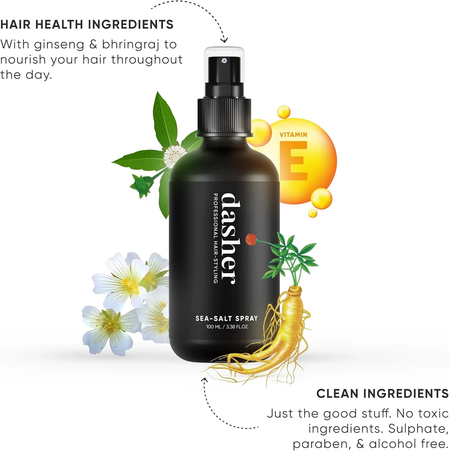 اسپری نمک دریایی دشِر (100 میلی لیتر + 100 میلی لیتر) بسته 2 عددی برای مدل موهای با بافت و حجم بالا با نگهدارندگی متوسط، ضخیم کننده مو، حاوی جینسینگ و ویتامین E (100 میلی لیتر)