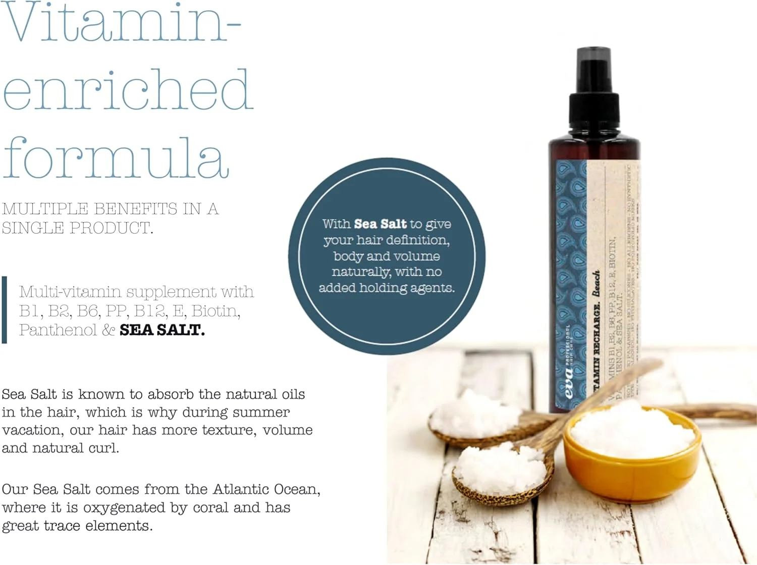 اسپری نمک دریایی ویتامین ریچارج اوا پروفشنال برای بافت و حجم مو، اسپری حالت دهنده غیر سمی مو با پانتنول، بیوتین و ویتامین های B1، B2، B6، E و B12، 250 میلی لیتر اسپری نمک دریایی ویتامین ریچارج اوا پروفشنال برای بافت و حجم مو، اسپری حالت دهنده غیر سمی مو با پانتنول، بیوتین و ویتامین های B1، B2، B6، E و B12، 250 میلی لیتر