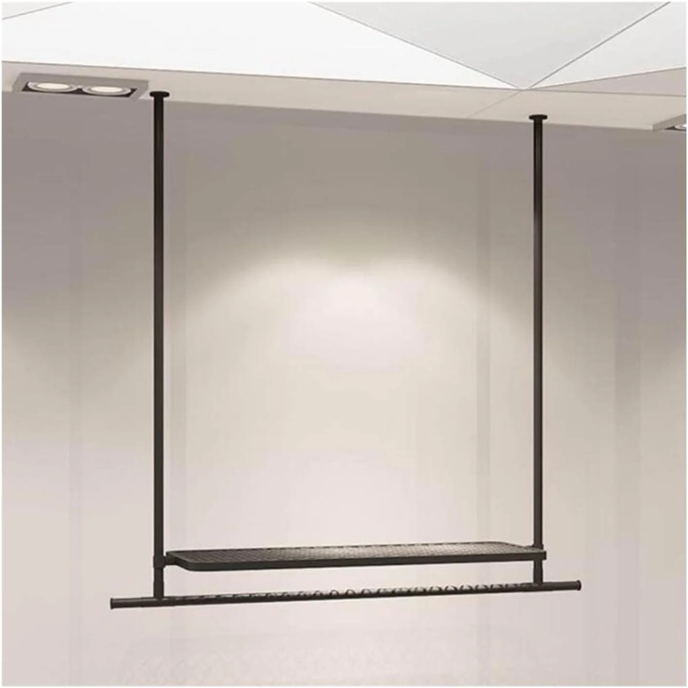 رگال آویز لباس سقفی با ارتفاع قابل تنظیم، رگال سقفی برای نمایش لباس در فروشگاه های لباس عروس، رگال لباس با قفسه، میله آویز لباس با نصب سقفی مناسب فروشگاه و منزل (140X20CM)