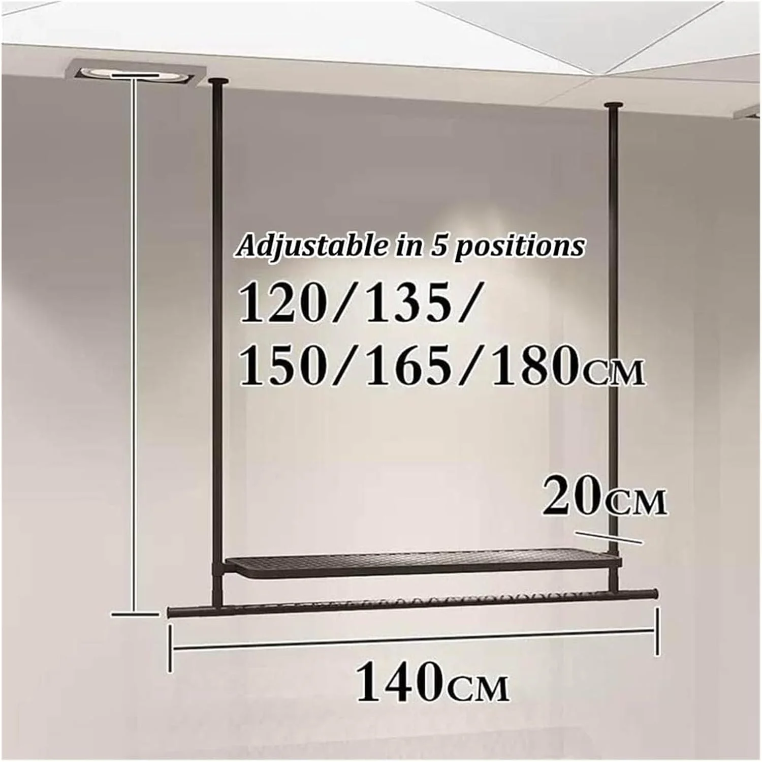 رگال آویز لباس سقفی با ارتفاع قابل تنظیم، رگال سقفی برای نمایش لباس در فروشگاه های لباس عروس، رگال لباس با قفسه، میله آویز لباس با نصب سقفی مناسب فروشگاه و منزل (140X20CM)