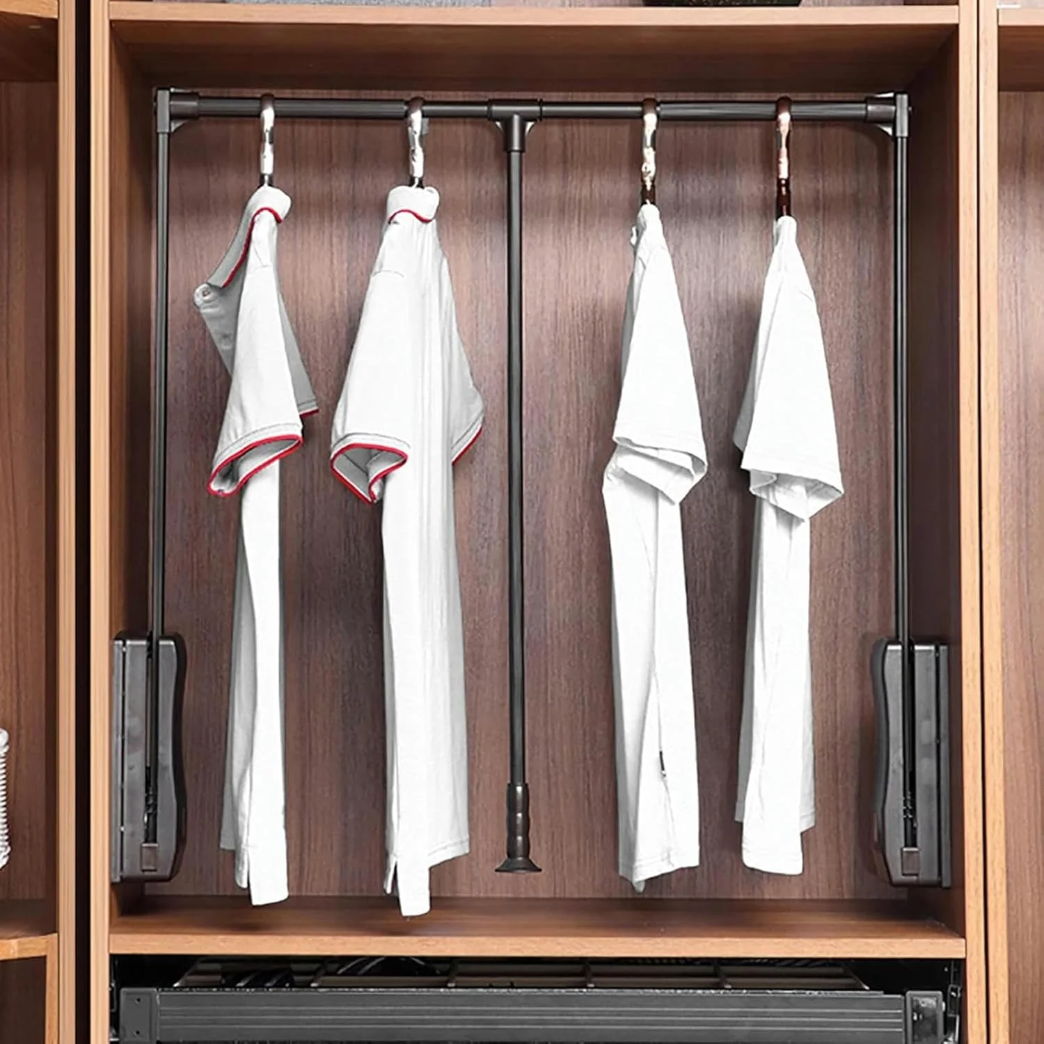 میله آویز لباس کمد دیواری، قابل تنظیم 890-1210 میلی متر، میله های آویز لباس سنگین برای آویزان کردن لباس، سیستم سازمان دهنده ریلی بالابر کمد، قفسه مرتب سازی لباس، 450-600 میلی متر