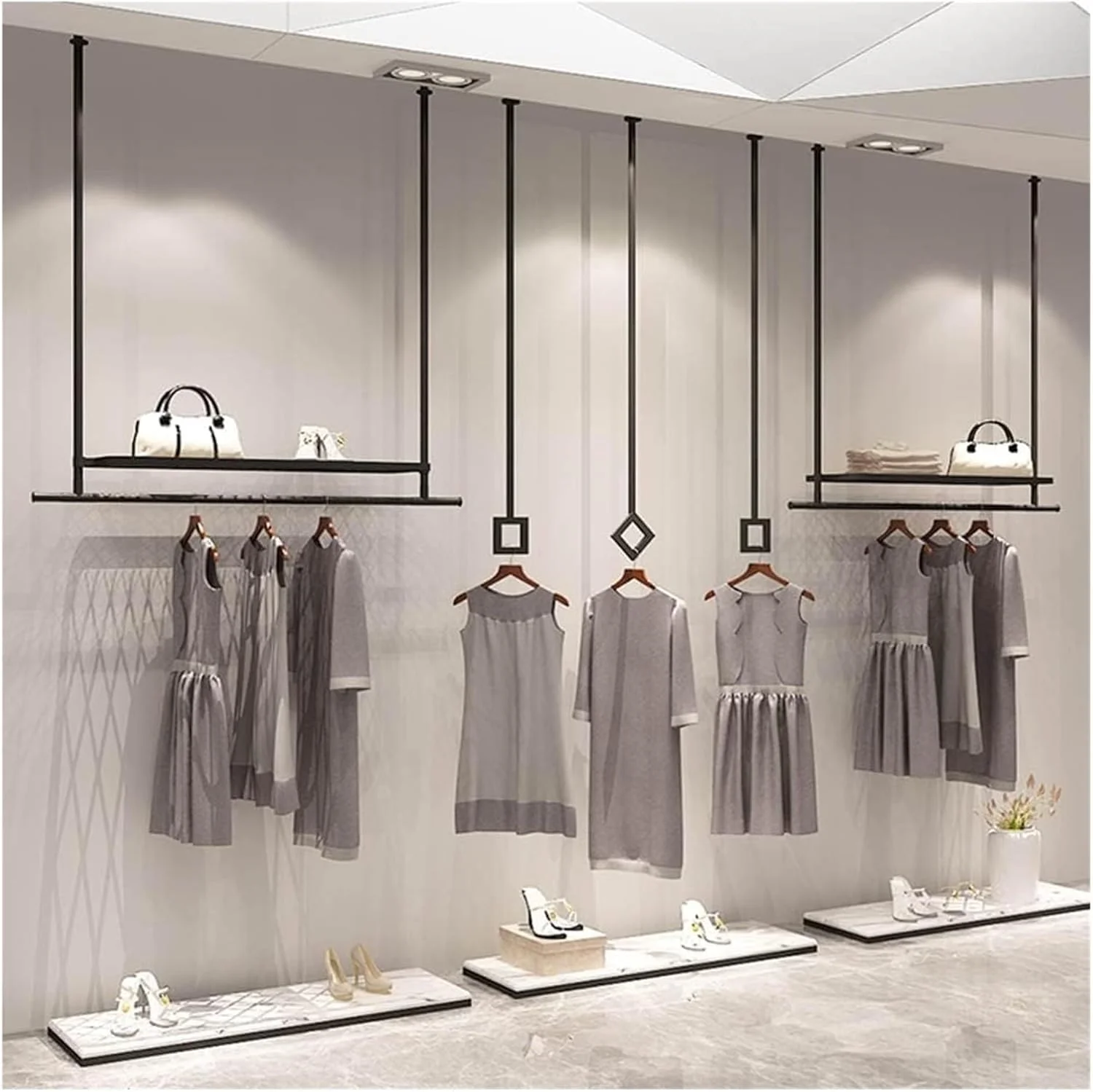 رگال آویز لباس سقفی با ارتفاع قابل تنظیم، رگال سقفی برای نمایش لباس در فروشگاه های لباس عروس، رگال لباس با قفسه، میله آویز لباس با نصب سقفی مناسب فروشگاه و منزل (140X20CM)