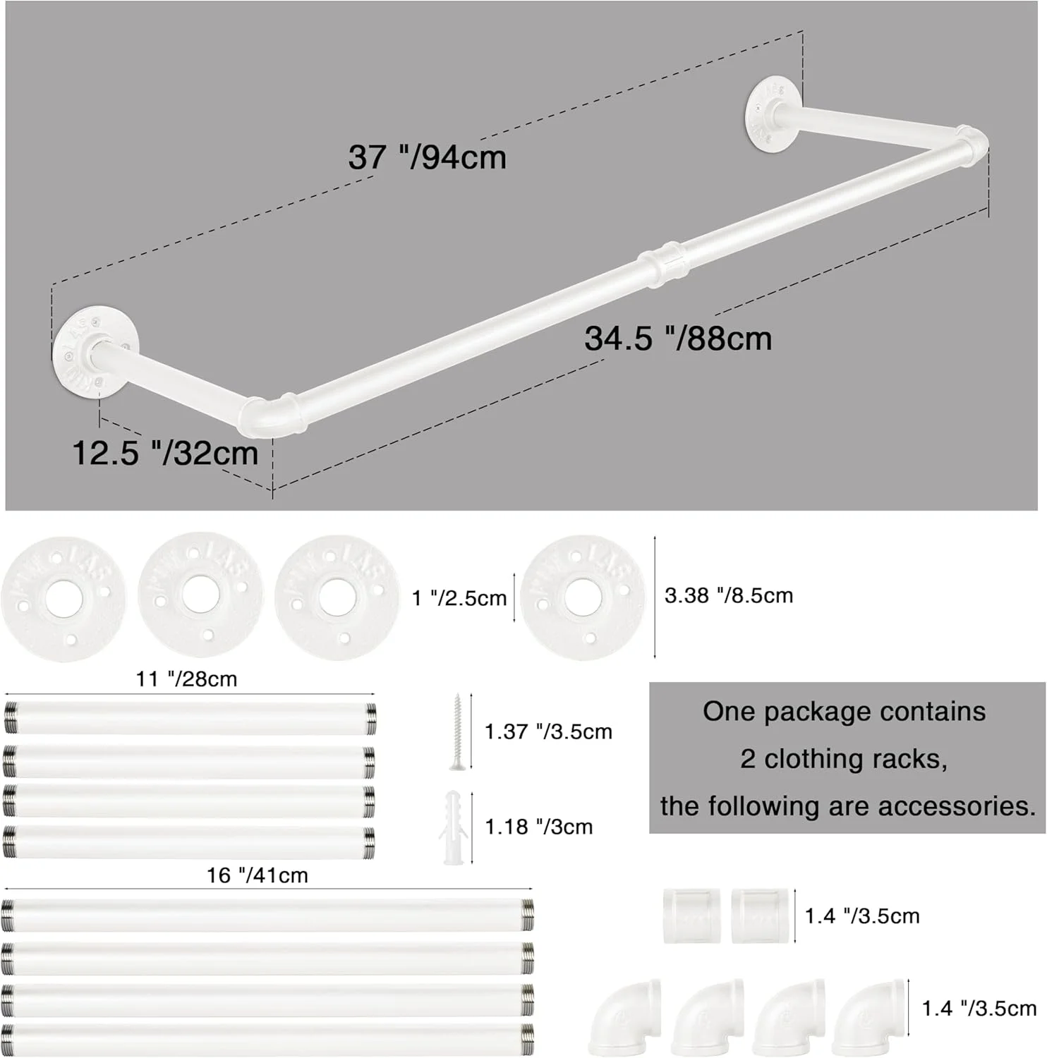 آویز لباس لوله صنعتی AddGrace، بسته 2 عددی، سفید، نصب دیواری، میله لباس چند منظوره 34.5 اینچی برای کمد و اتاق لباسشویی آویز لباس لوله صنعتی AddGrace، بسته 2 عددی، سفید، نصب دیواری، میله لباس چند منظوره 34.5 اینچی برای کمد و اتاق لباسشویی