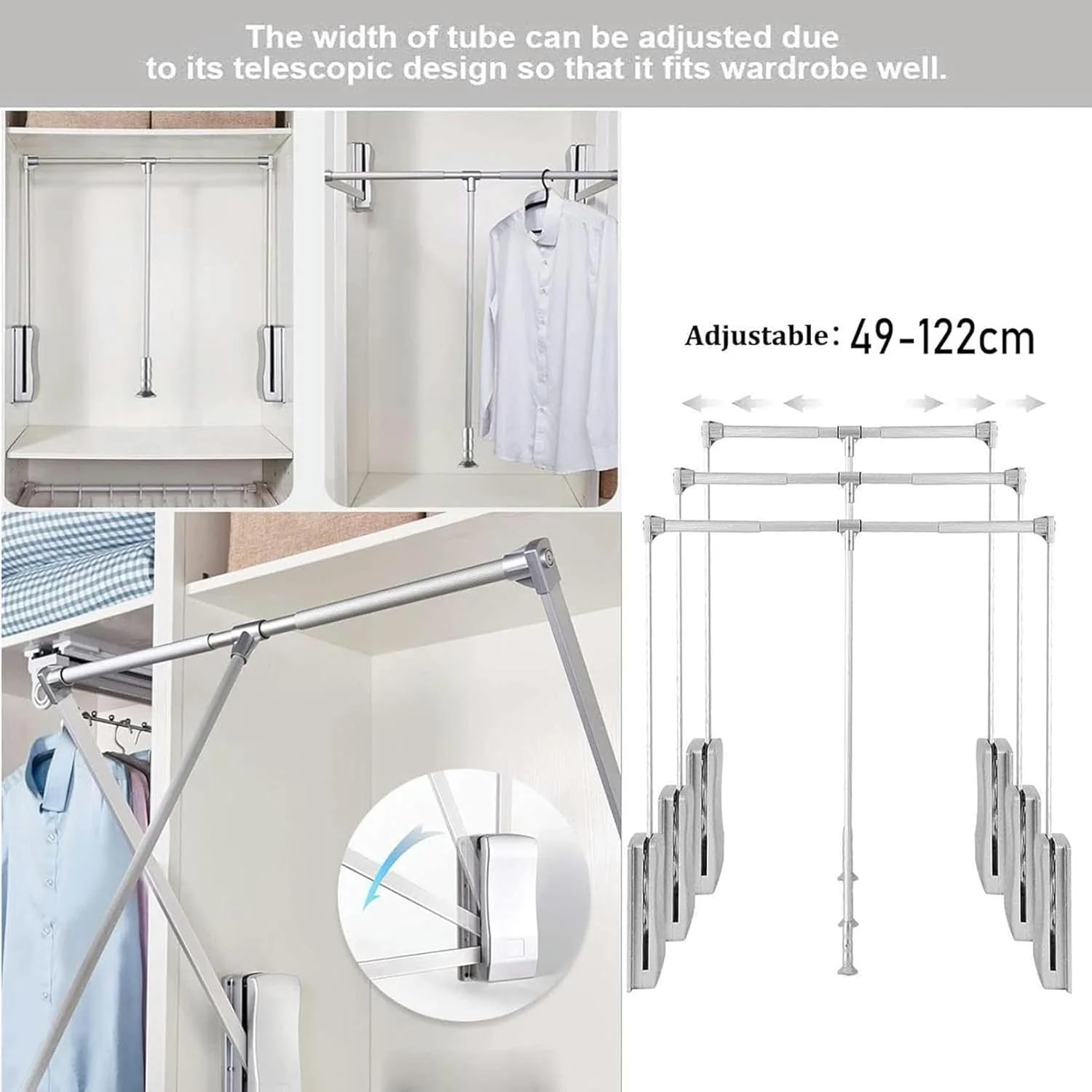 میله آویز لباس تاشو کمد، میله آویز لباس بالابر، رگال لباس با عرض قابل تنظیم، رگال آویز لباس برای آویزان کردن لباس، ریل آویز برای کابینت با بازگشت نرم، 490-520 میلی متر میله آویز لباس تاشو کمد، میله آویز لباس بالابر، رگال لباس با عرض قابل تنظیم، رگال آویز لباس برای آویزان کردن لباس، ریل آویز برای کابینت با بازگشت نرم، 490-520 میلی متر