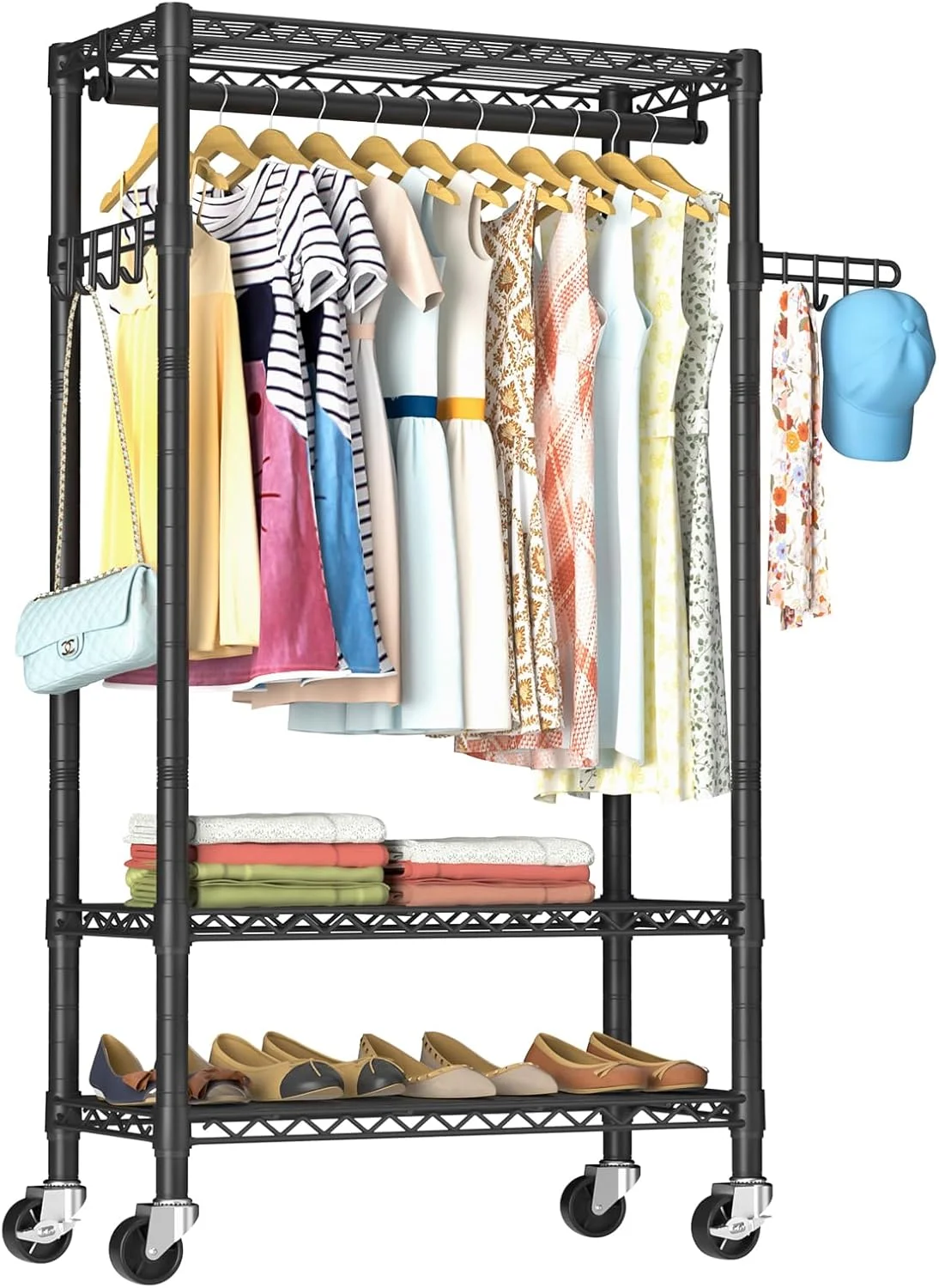 رگال لباس سنگین، رگال لباس چرخ دار، قفسه سیمی 3 طبقه قابل تنظیم برای آویزان کردن لباس با میله آویز و قلاب های جانبی، رگال فلزی قابل حمل کمد لباس