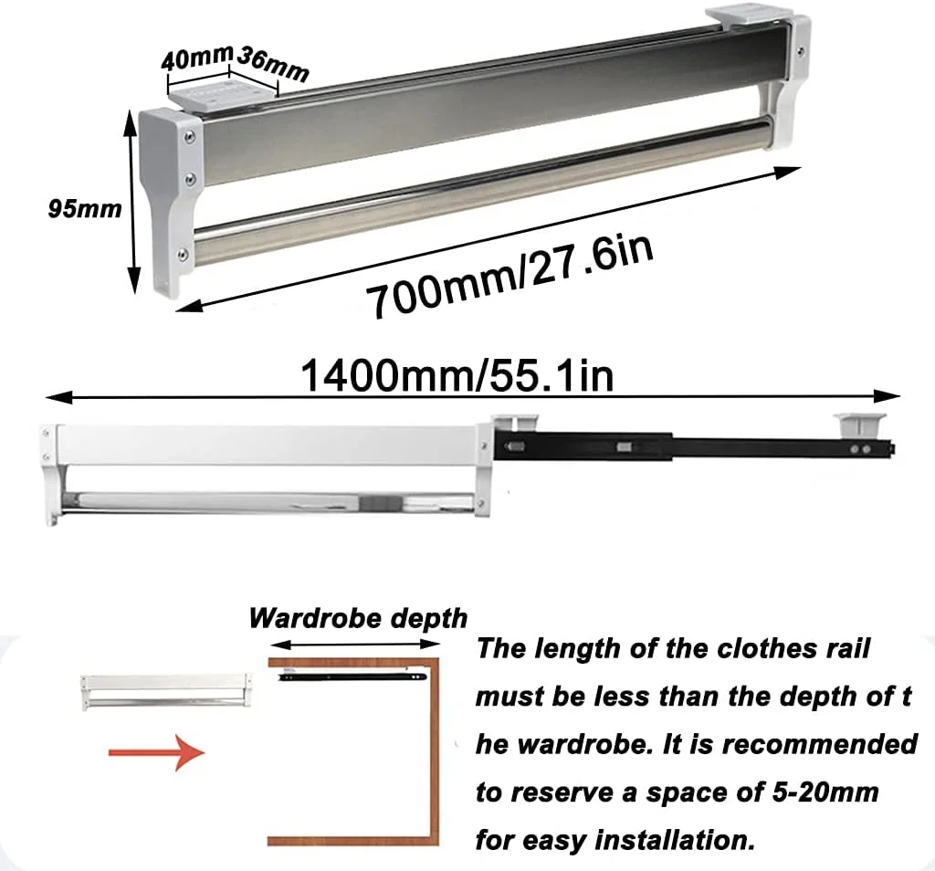 ریل آویز لباس کشویی قابل تنظیم برای سازماندهی کمد، میله آویز لباس کمدی قابل گسترش، سفید - 700 میلی متر