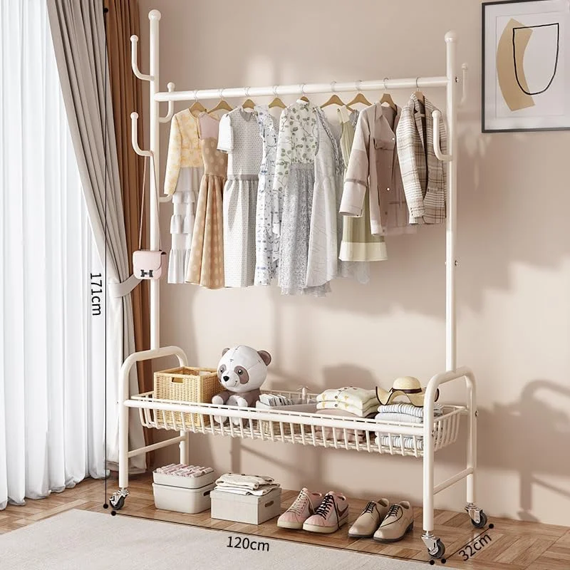 رگال لباس ایستاده 120 سانتی متری Aiwanto با قفسه، رگال لباس فلزی مستقل، رگال لباس دو ردیفه، قفسه ذخیره سازی 2 طبقه پایینی با چرخ برای سازمان دهنده لباس اتاق خواب (سفید)