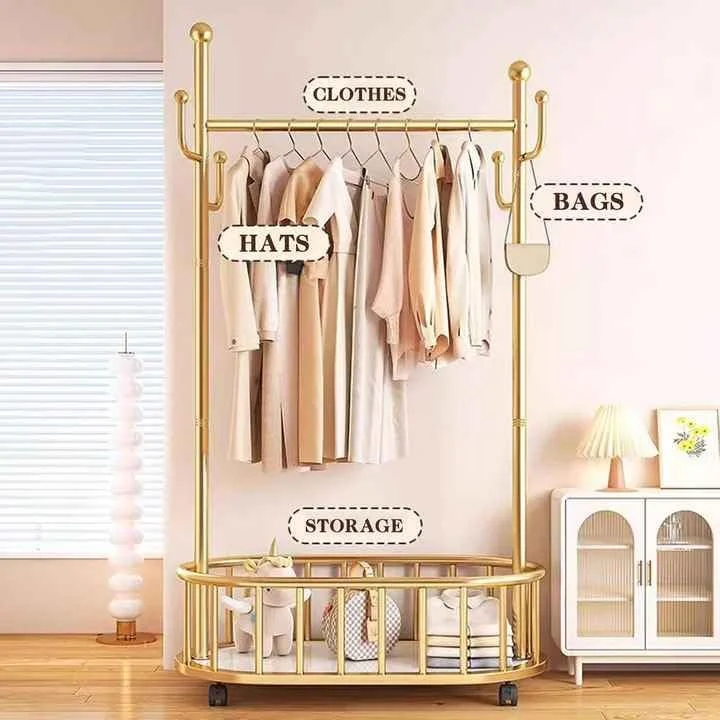 رگال لباس 100 سانتی متری Aiwanto، رگال فلزی سنگین با چرخ و قفسه های ذخیره سازی زیرین و قلاب، برای آویزان کردن لباس، کت، پیراهن، ژاکت، دامن (طلایی)