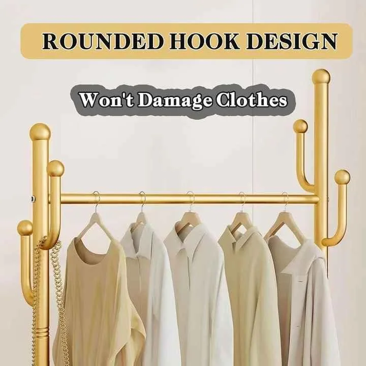 رگال لباس 100 سانتی متری Aiwanto، رگال فلزی سنگین با چرخ و قفسه های ذخیره سازی زیرین و قلاب، برای آویزان کردن لباس، کت، پیراهن، ژاکت، دامن (طلایی)