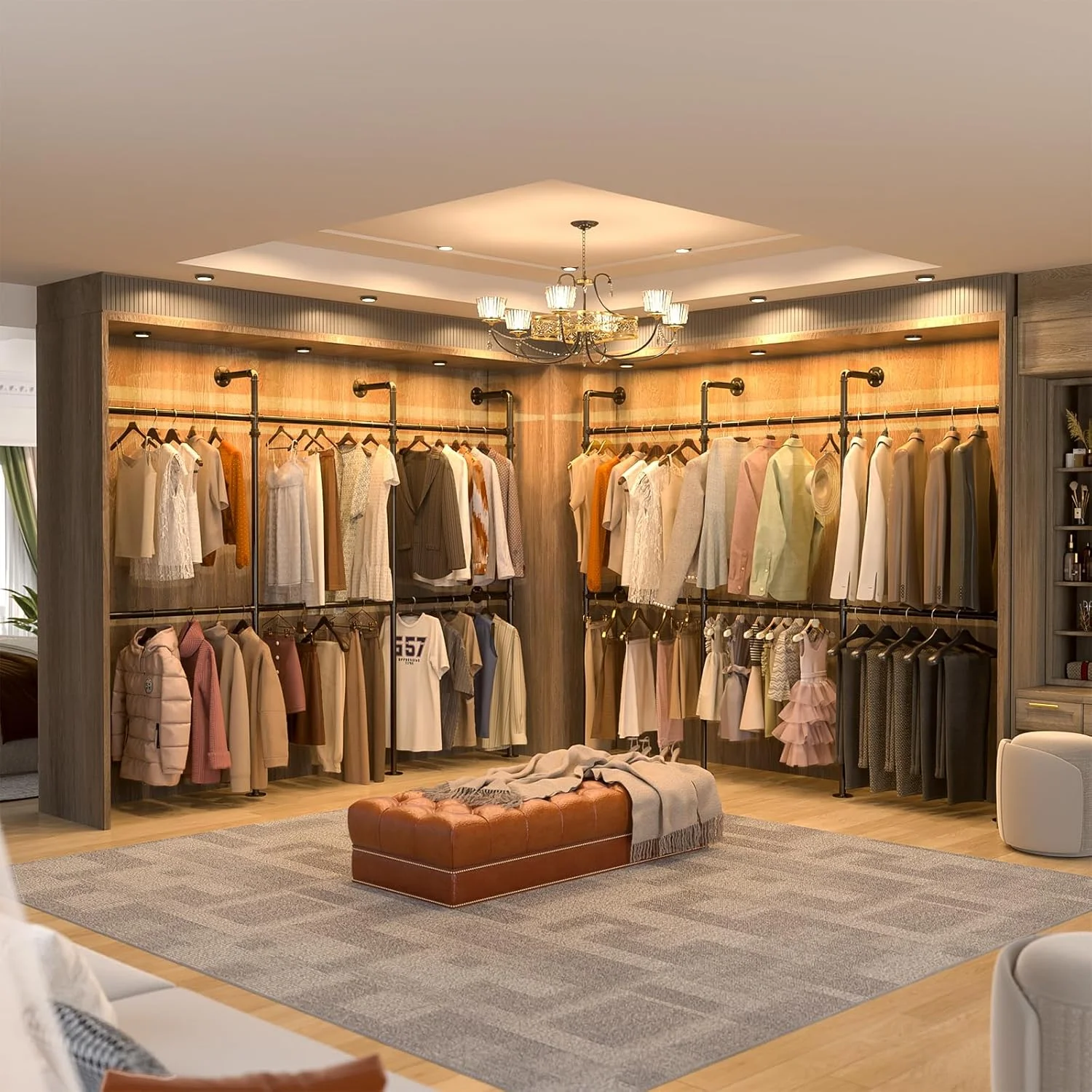 آویز لباس لوله صنعتی Aheaplus، رخت آویز 3 متری برگشت پذیر، رگال لباس سنگین، کمد دیواری، سیستم کمد دیواری گوشه ای L شکل، مشکی