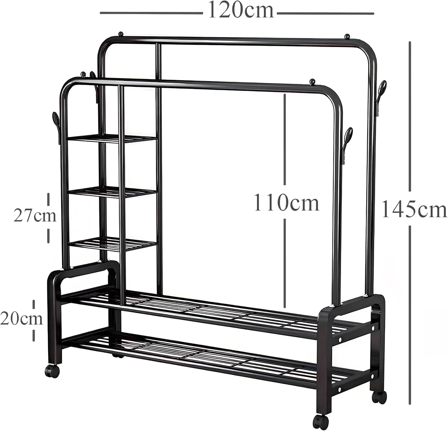 رگال لباس فلزی دو میله با چرخ های غلتان و قفسه 2 طبقه برای نگهداری کفش، دارای 3 محفظه جانبی (120 سانتی متر، مشکی)