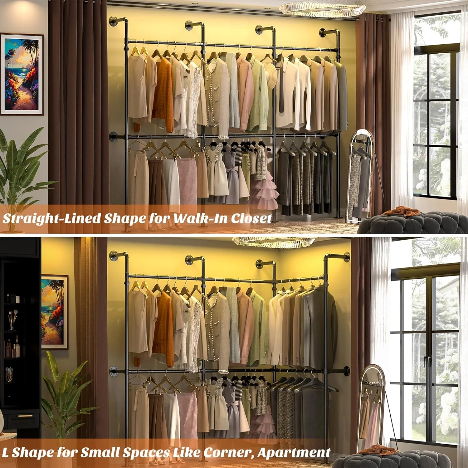 آویز لباس لوله صنعتی Aheaplus، رخت آویز 3 متری برگشت پذیر، رگال لباس سنگین، کمد دیواری، سیستم کمد دیواری گوشه ای L شکل، مشکی