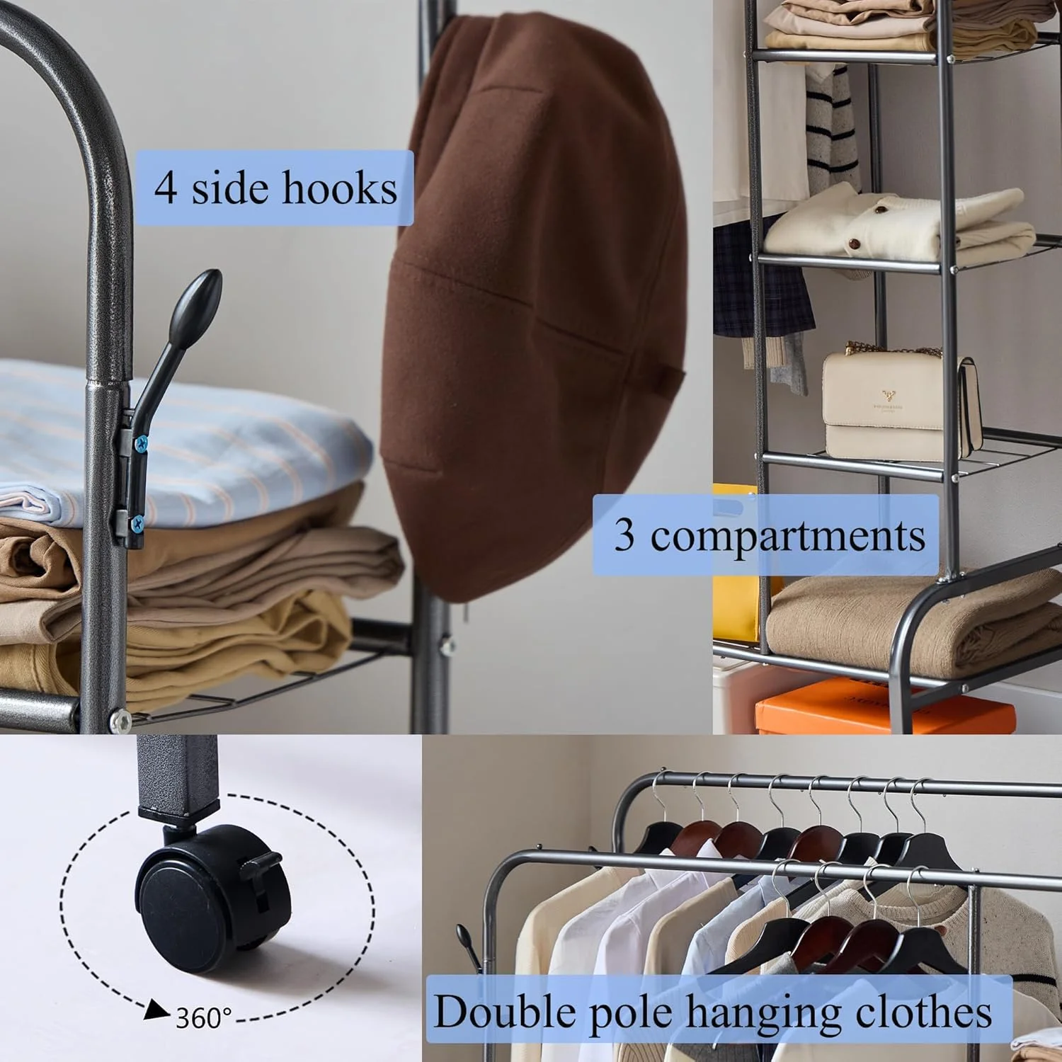 رگال لباس فلزی دو میله با چرخ های غلتان و قفسه 2 طبقه برای نگهداری کفش، دارای 3 محفظه جانبی (120 سانتی متر، مشکی)