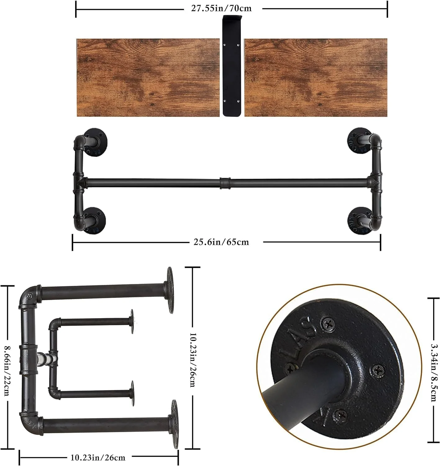 آویز لباس دیواری ALMEKAQUZ، رگال لباس لوله صنعتی با قفسه بالایی، میله آویز لباس سنگین، میله نگهداری لباس آهنی برای کمد لباس، اتاق خواب، کمد (65 سانتی متر).