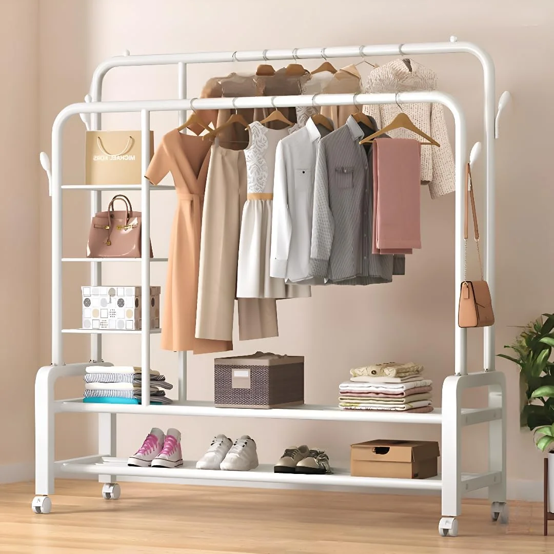 رگال لباس چند منظوره ALISSA برای آویز لباس خانگی با قفسه های کناری و پایینی و چرخ، مناسب لباس، کفش، و کیف، ابعاد 150 * 162 * 50 سانتی متر (سفید - مدل A)