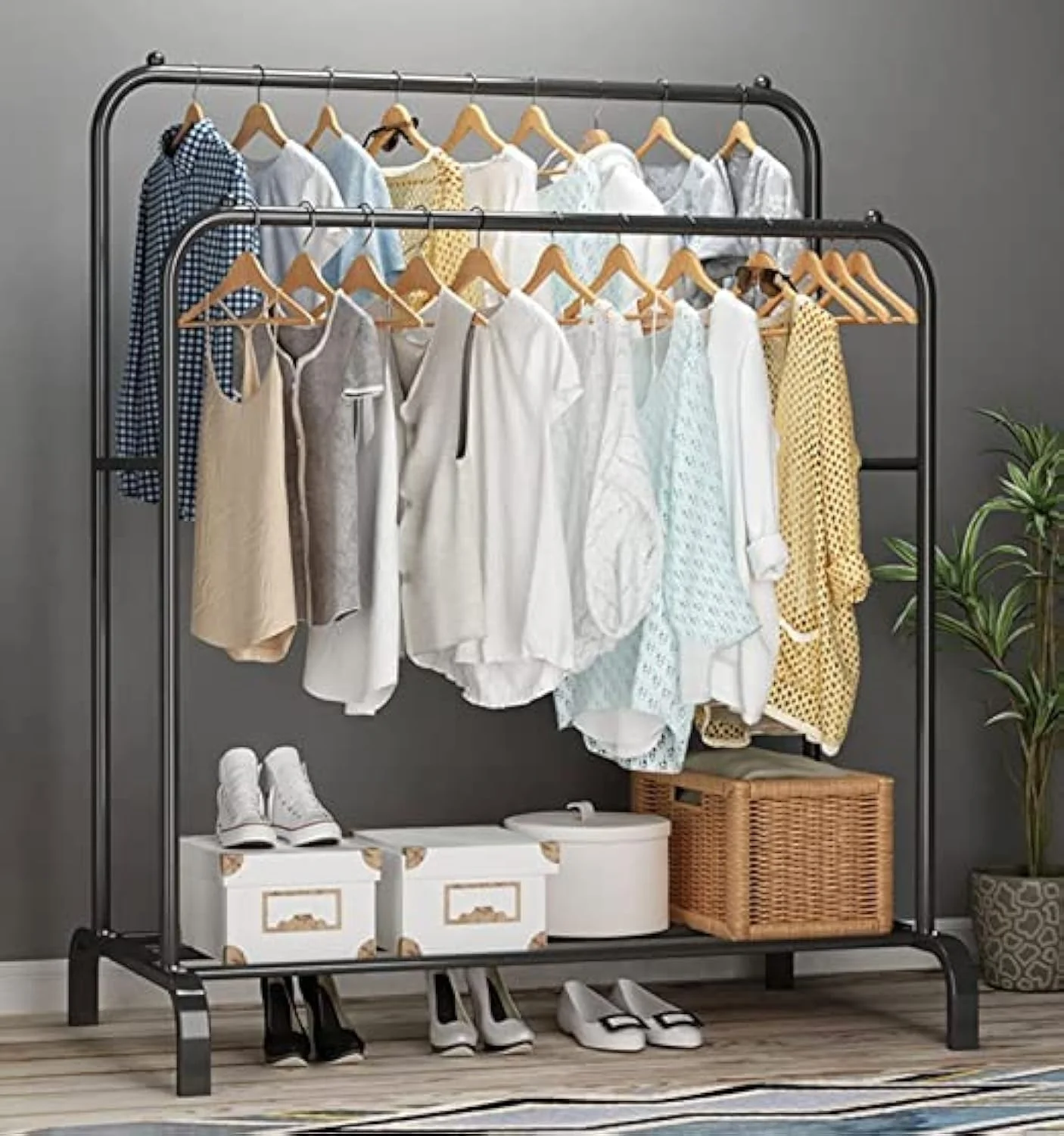 رگال لباس فلزی ALISSA به همراه جاکفشی، آویز لباس، رگال لباس ایستاده، رگال لباس سنگین - 150 * 45 * 110 سانتی متر (مدل - B)