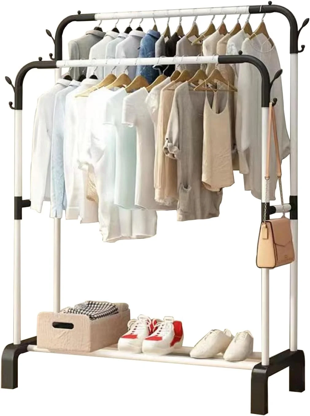 رگال لباس دو طبقه آلیسا به همراه ارگانایزر کیف و کفش، مناسب برای خشک کردن لباس، نمایش لباس و آویز لباس برای منزل (سیاه و سفید) رگال لباس دو طبقه آلیسا به همراه ارگانایزر کیف و کفش، مناسب برای خشک کردن لباس، نمایش لباس و آویز لباس برای منزل (سیاه و سفید)