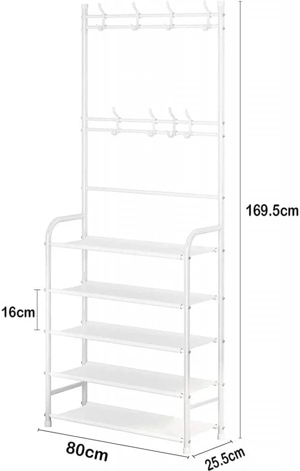 جاکفشی و رخت آویز استیل آلیسا، ۵ طبقه، قفسه نگهداری لباس، قفسه ایستاده مقاوم برای کفش و رخت آویز لباس (سفید)