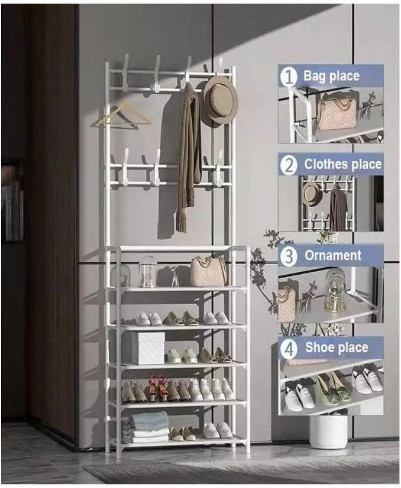 جاکفشی و رخت آویز استیل آلیسا، ۵ طبقه، قفسه نگهداری لباس، قفسه ایستاده مقاوم برای کفش و رخت آویز لباس (سفید)