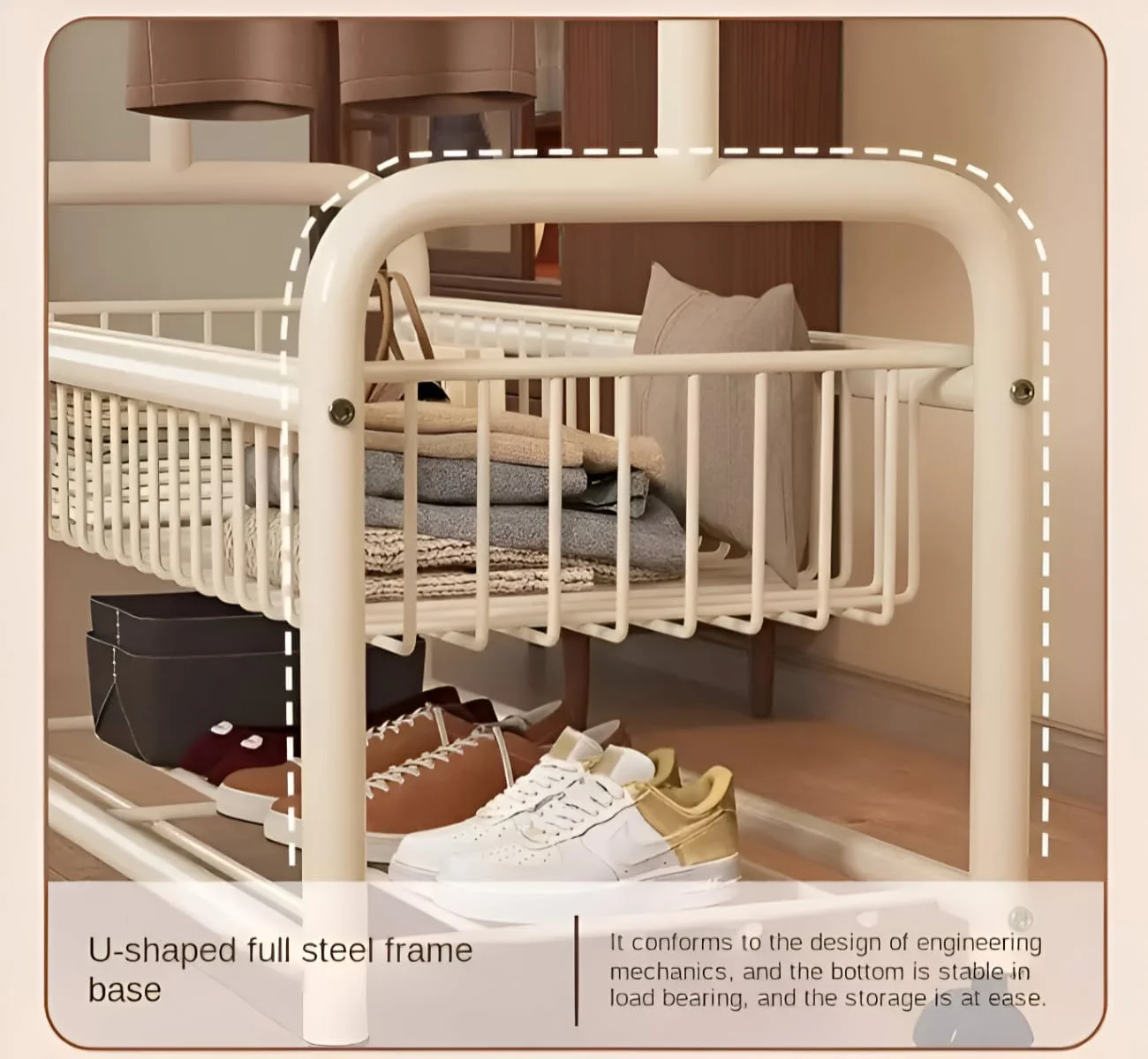 رگال لباس آلیسا با قفسه های ذخیره سازی پایین و قلاب های جانبی، رگال لباس، کت و کفش فلزی سنگین با چرخ، ریل لباس (سفید - 171 * 120 * 32 سانتی متر)