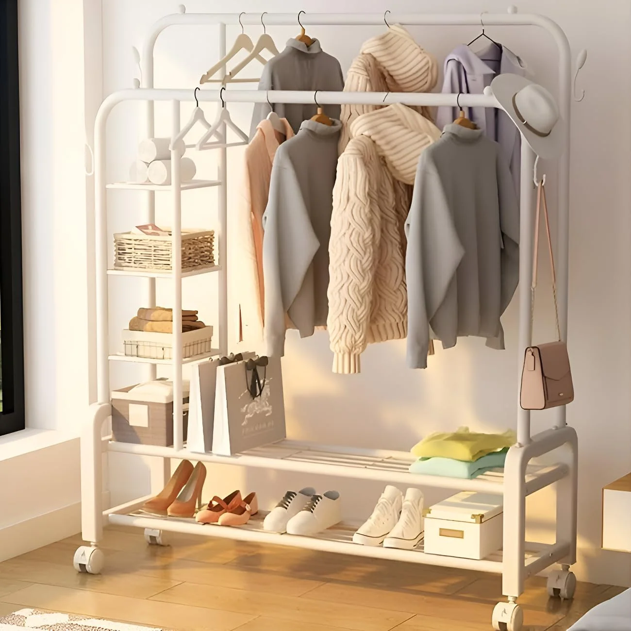رگال لباس چند منظوره ALISSA برای آویز لباس خانگی با قفسه های کناری و پایینی و چرخ، مناسب لباس، کفش، و کیف، ابعاد 150 * 162 * 50 سانتی متر (سفید - مدل A)