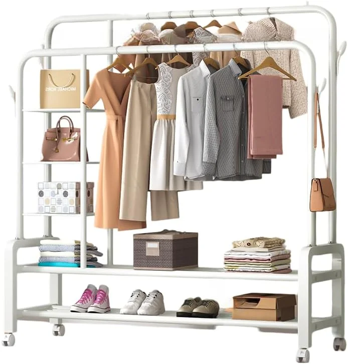 رگال لباس دو میله ای 150 سانتی متری Aiwanto با چرخ، سازمان دهنده کمد ایستاده با قفسه های ذخیره سازی، رگال آویز لباس سنگین با چرخ های قفل شونده برای اتاق خواب اداری منزل (سفید)