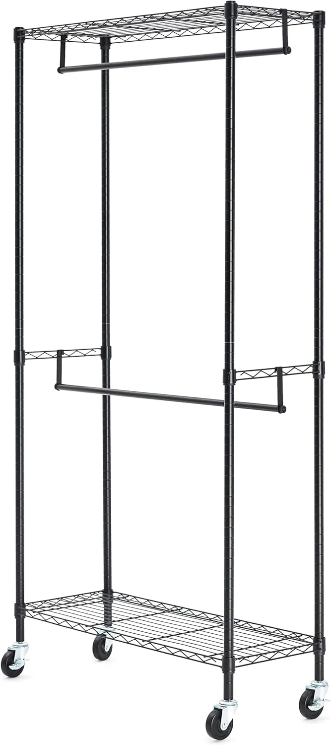 رگال لباس دو میله آمازون بیسیکس با قفسه های قابل تنظیم ارتفاع - حداکثر وزن 181 کیلوگرم، مشکی، 91 x 36 x 183 سانتی متر